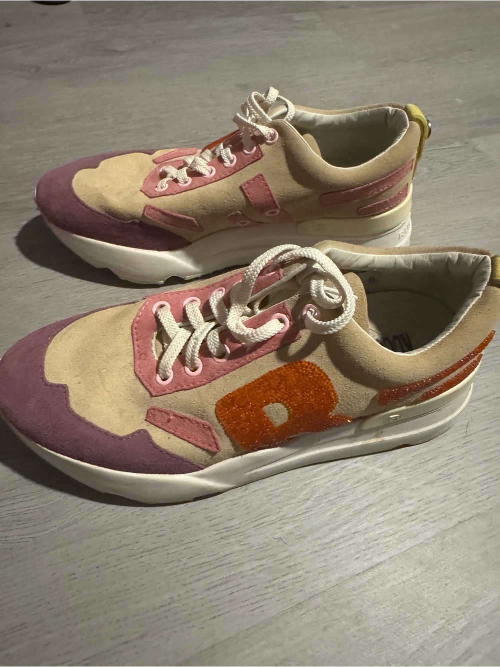 Women's Suede Lace-Up Sneakers in Beige, Pink & Purple with Orange Accent